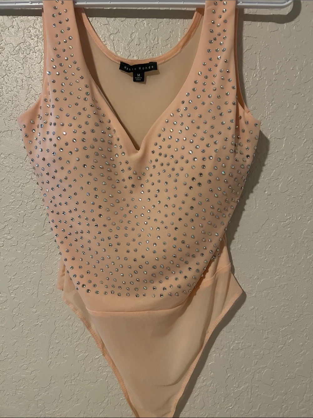 Haute Monde Peach Rhinestone V-Neck Bodysuit